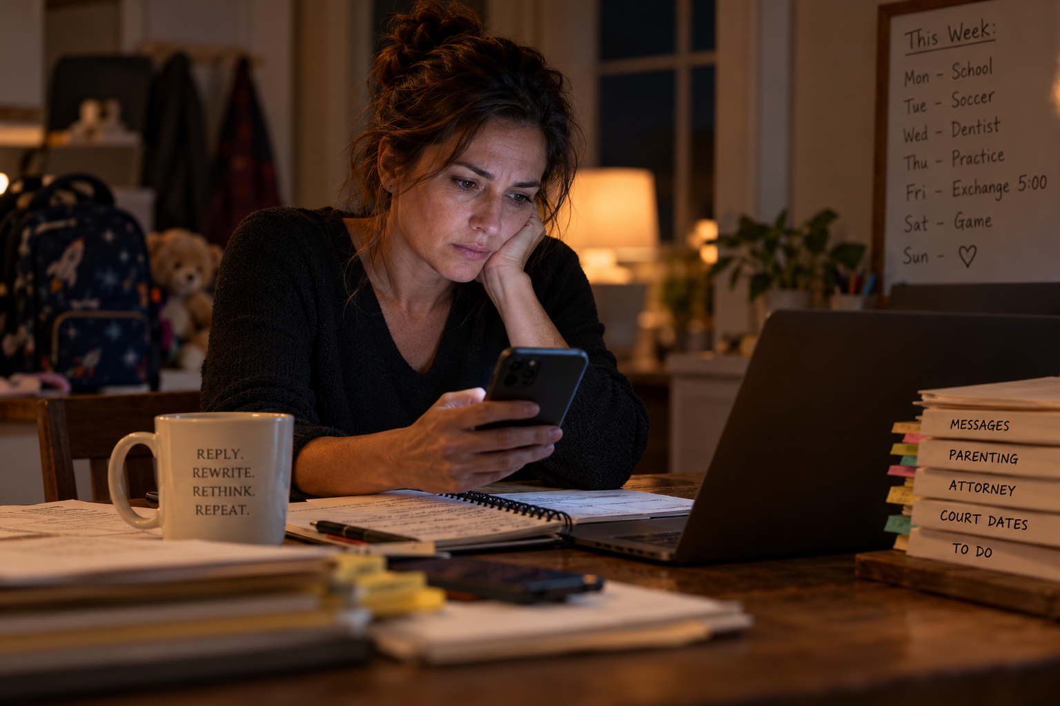 A visibly exhausted mother sits at her kitchen table late at night, reviewing messages from her ex amid parenting schedules, court documents, and paperwork, illustrating the overwhelming demands of a high-conflict divorce.