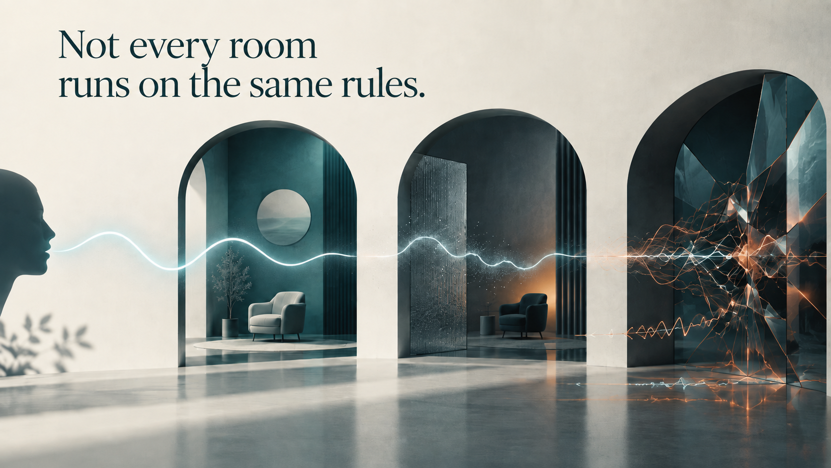 Editorial illustration of a speaker sending a glowing signal through three rooms; the message stays clear, then wavers, then fractures against a mirrored wall.