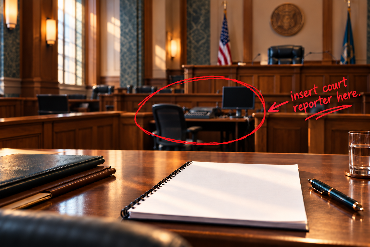 Empty family courtroom with the court reporter’s station circled in red and a handwritten note reading “insert court reporter here,” illustrating the absence of a verbatim court record.