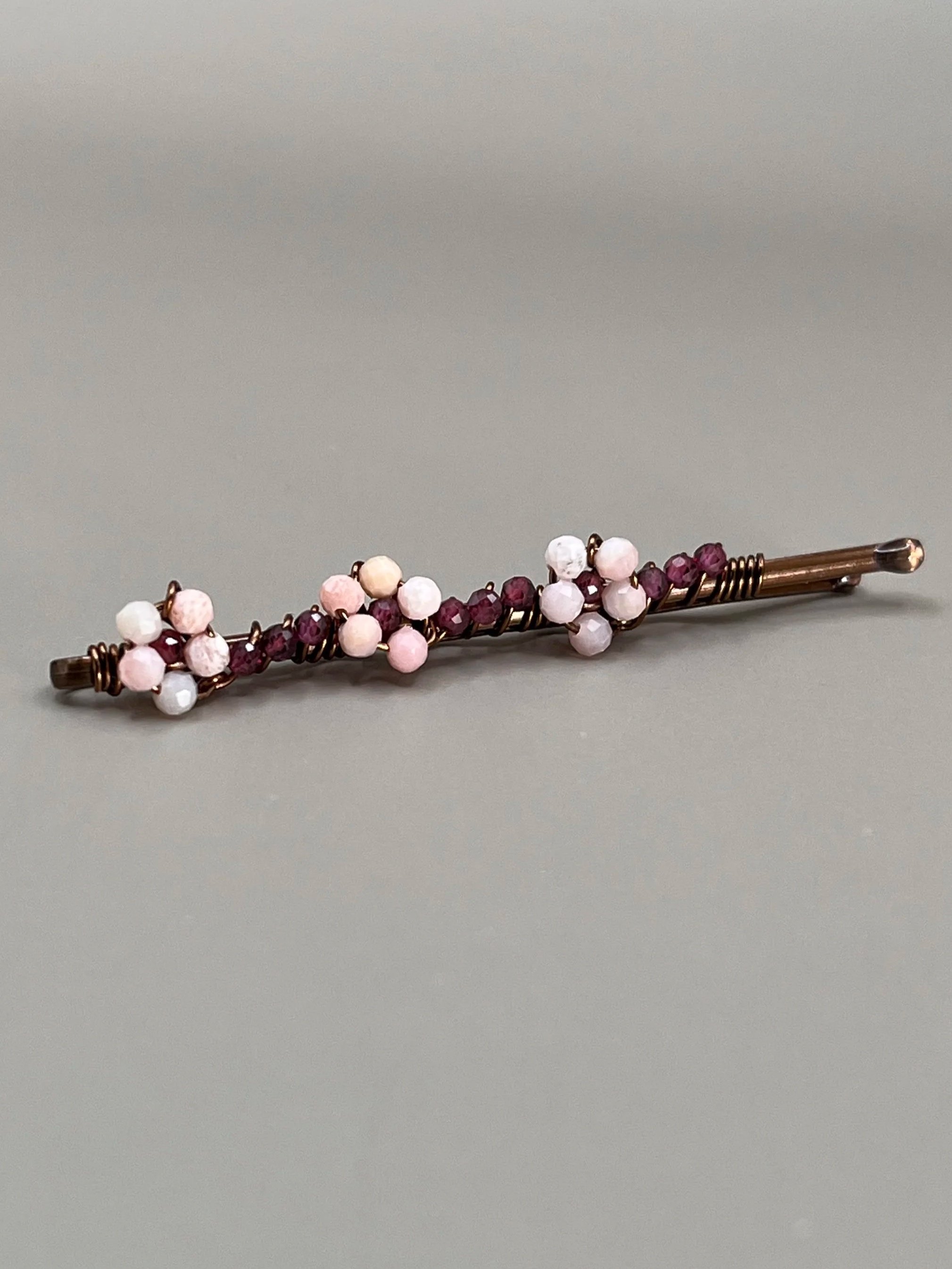 Purple Garnet and Pink Opal Flower Beaded Hair Pin