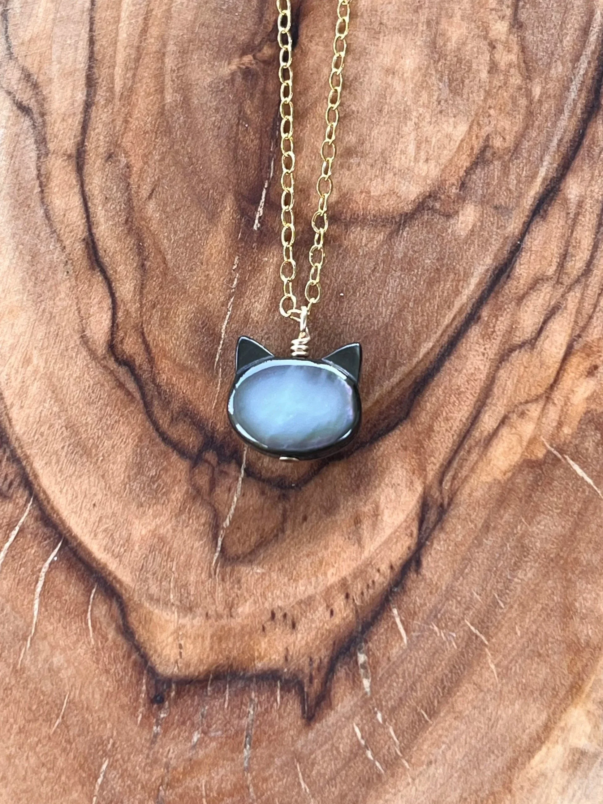 Mother of Pearl Cat Necklace, 14k Gold Filled Chain