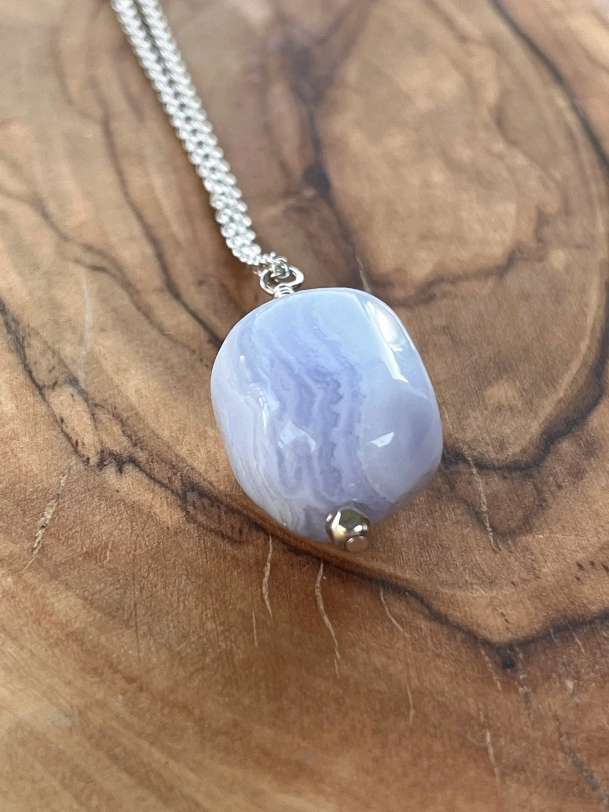 Vintage 90s Blue Lace Agate Pendant Necklace, .925 Silver Chain