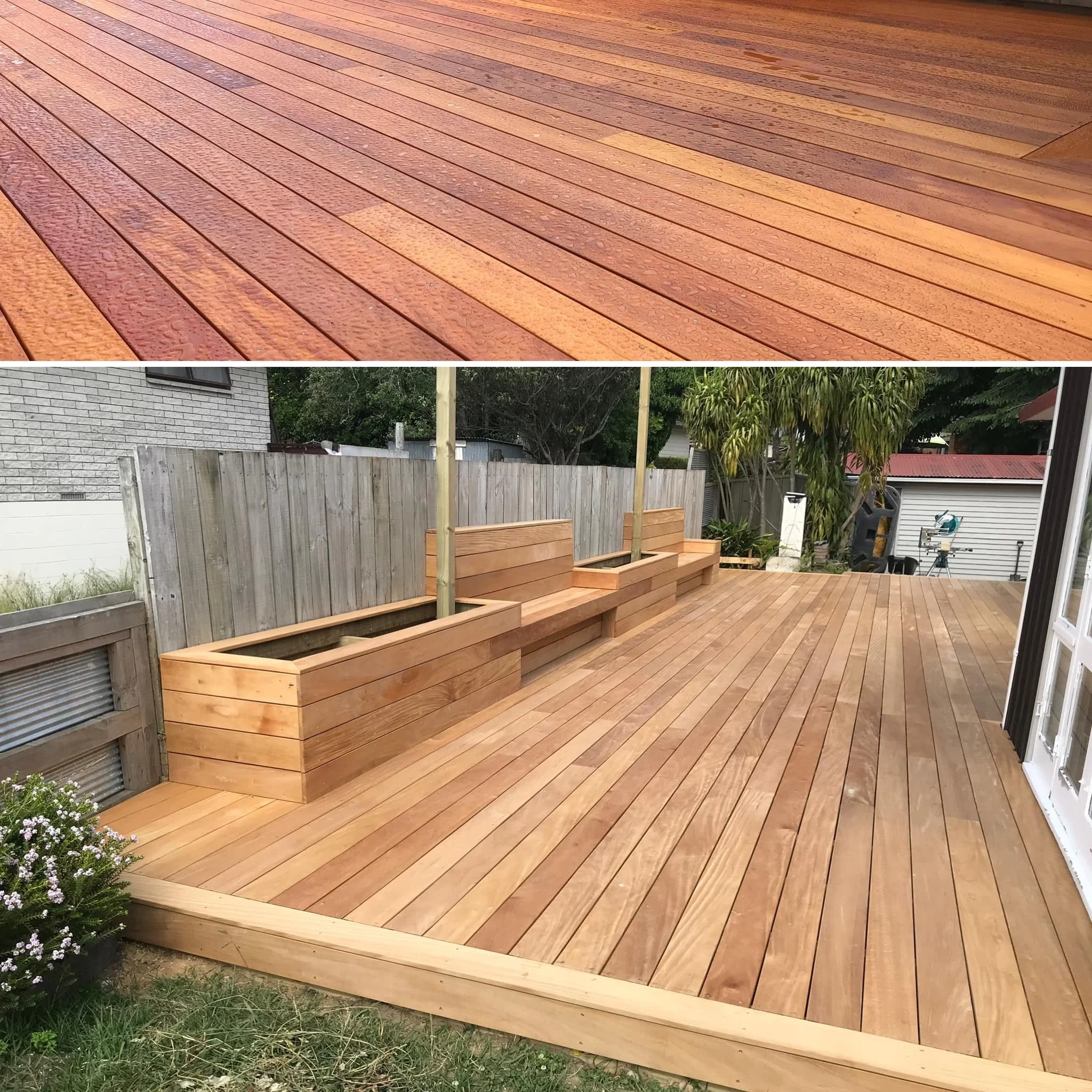 Custom timber deck with built-in seating and planter boxes by Capital G Construction and CGC Property Solutions in Tauranga