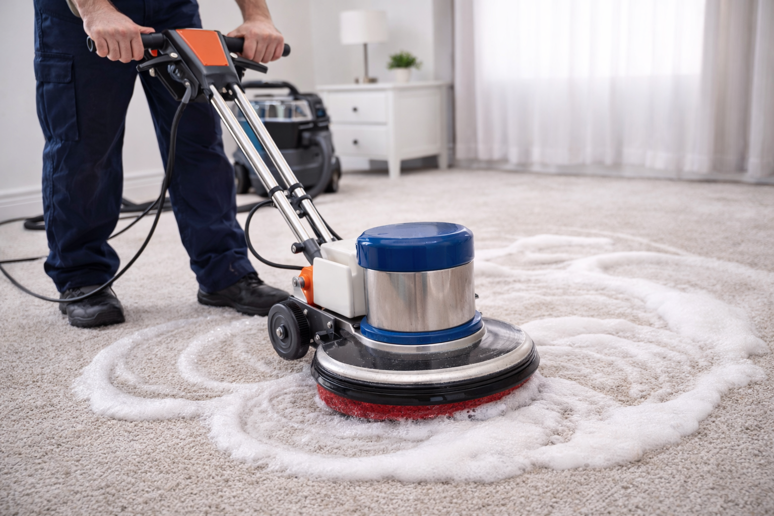 A person cleaning a beige carpet with a steam cleaning machine, creating soap bubbles and swirling patterns on the carpet.
