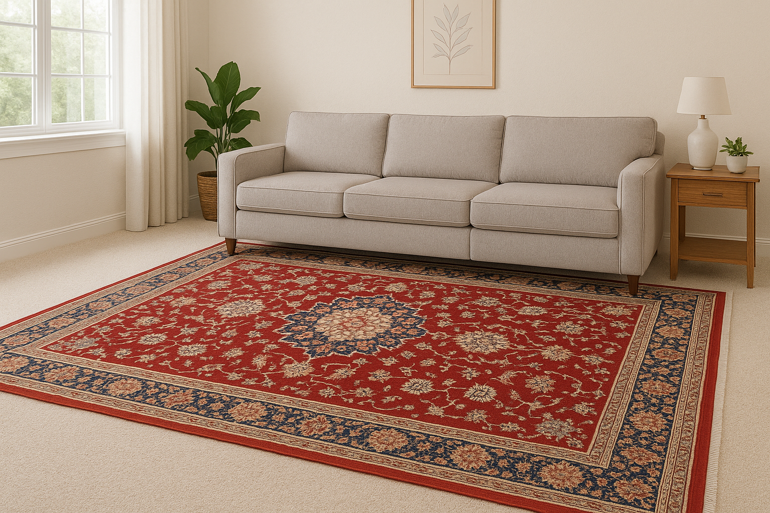 A beige living room with a large window, a gray sofa, a red patterned area rug, a wooden side table with a white lamp and small plant, and a framed botanical print on the wall.