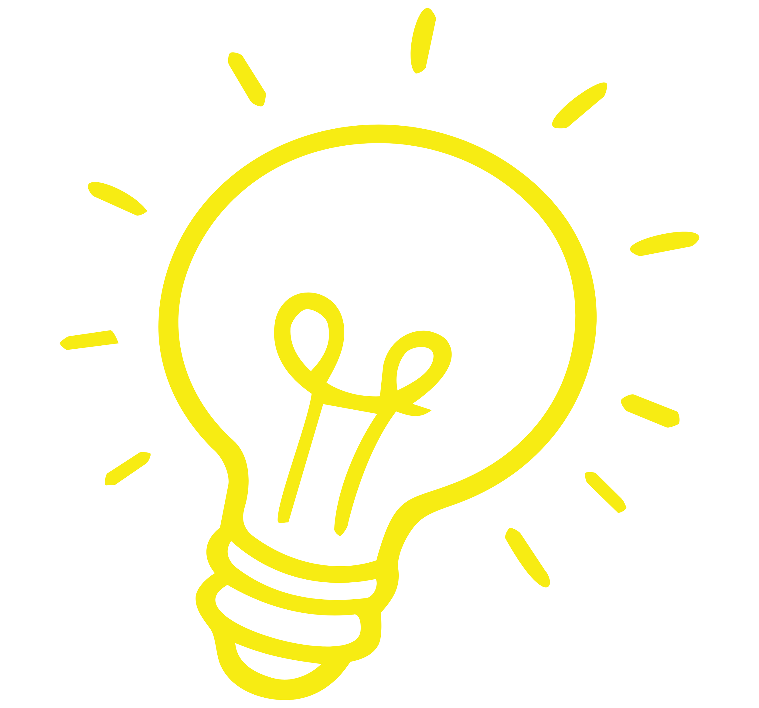Yellow hand-drawn light bulb surrounded by yellow lines representing light rays.