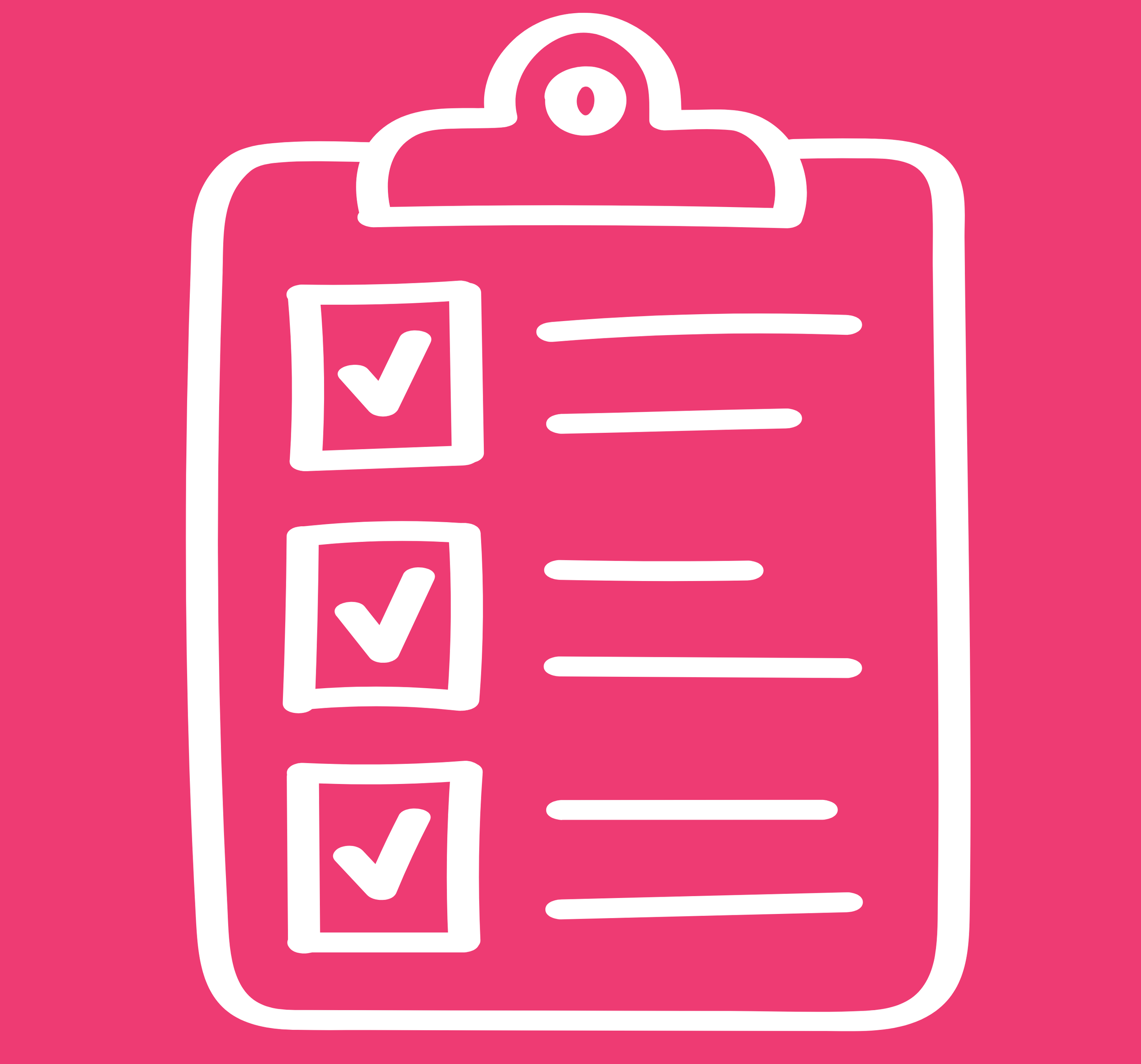 Outline drawing of a clipboard with a checkmark on a white sheet of paper and a list, set against a pink background.