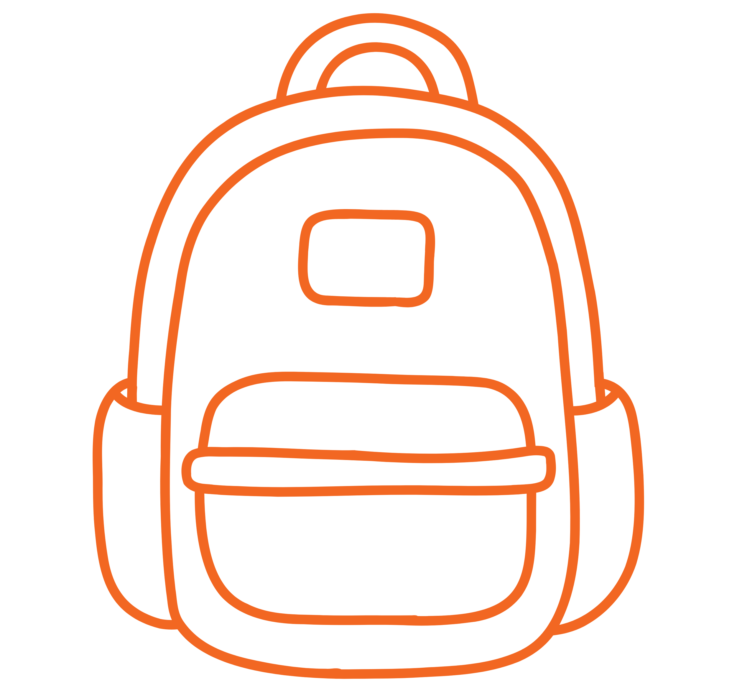 Outline drawing of a backpack with a front pocket and handle, depicted in orange lines on a white background.