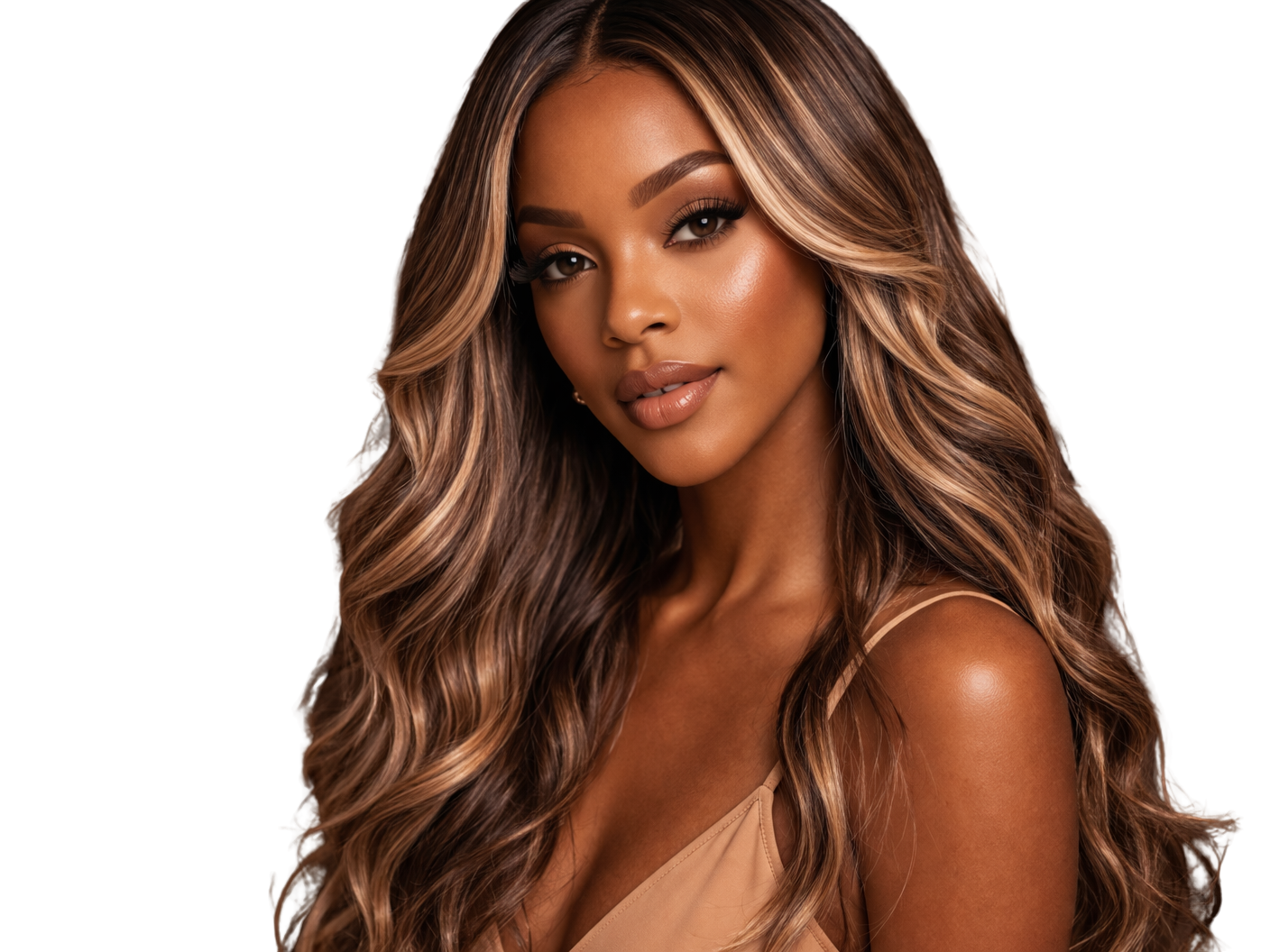 A woman with long, wavy, light brown hair with blonde highlights, wearing makeup and a beige sleeveless top.