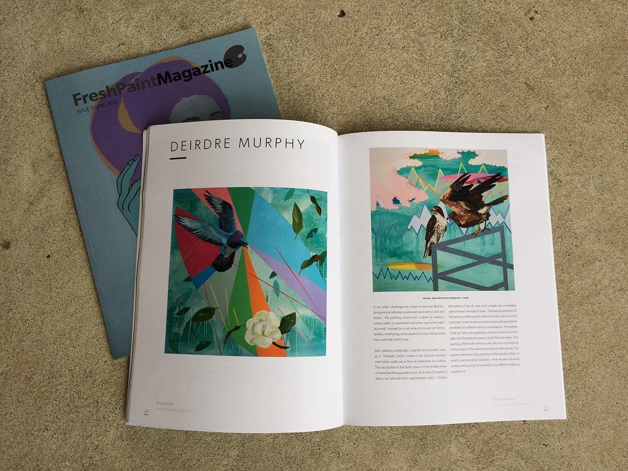 An open magazine featuring artwork by Deirdre Murphy, showing colorful paintings of birds with abstract backgrounds. A smaller magazine titled FreshPaintMagazine is beneath it on a surface.
