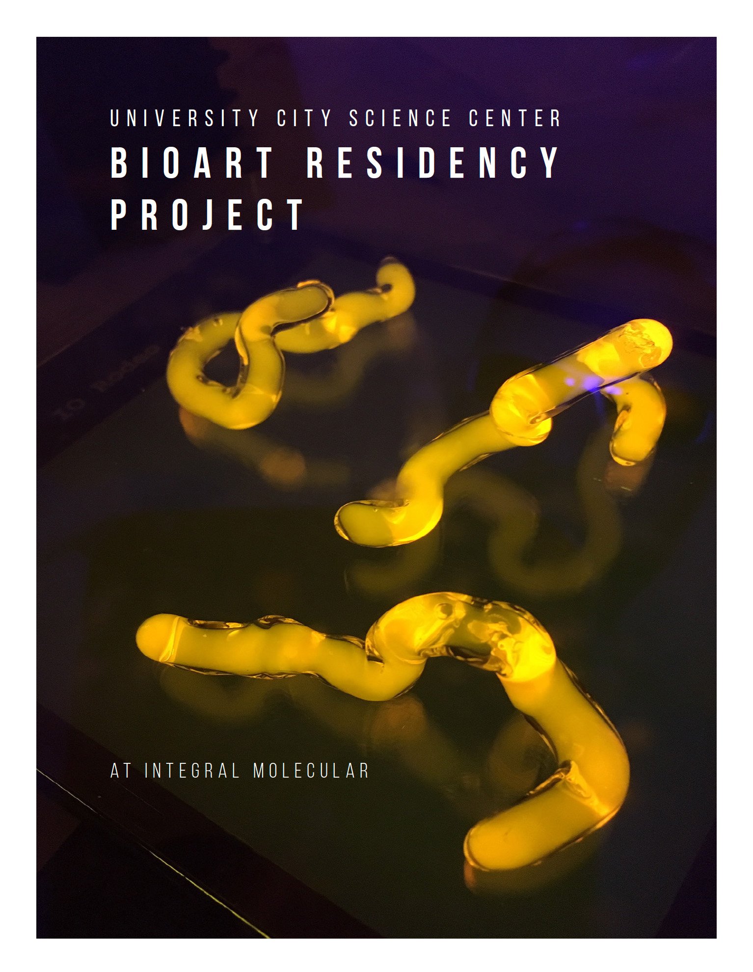 Poster for University City Science Center BioArt Residency Project features glowing yellow molecular models on a dark background.