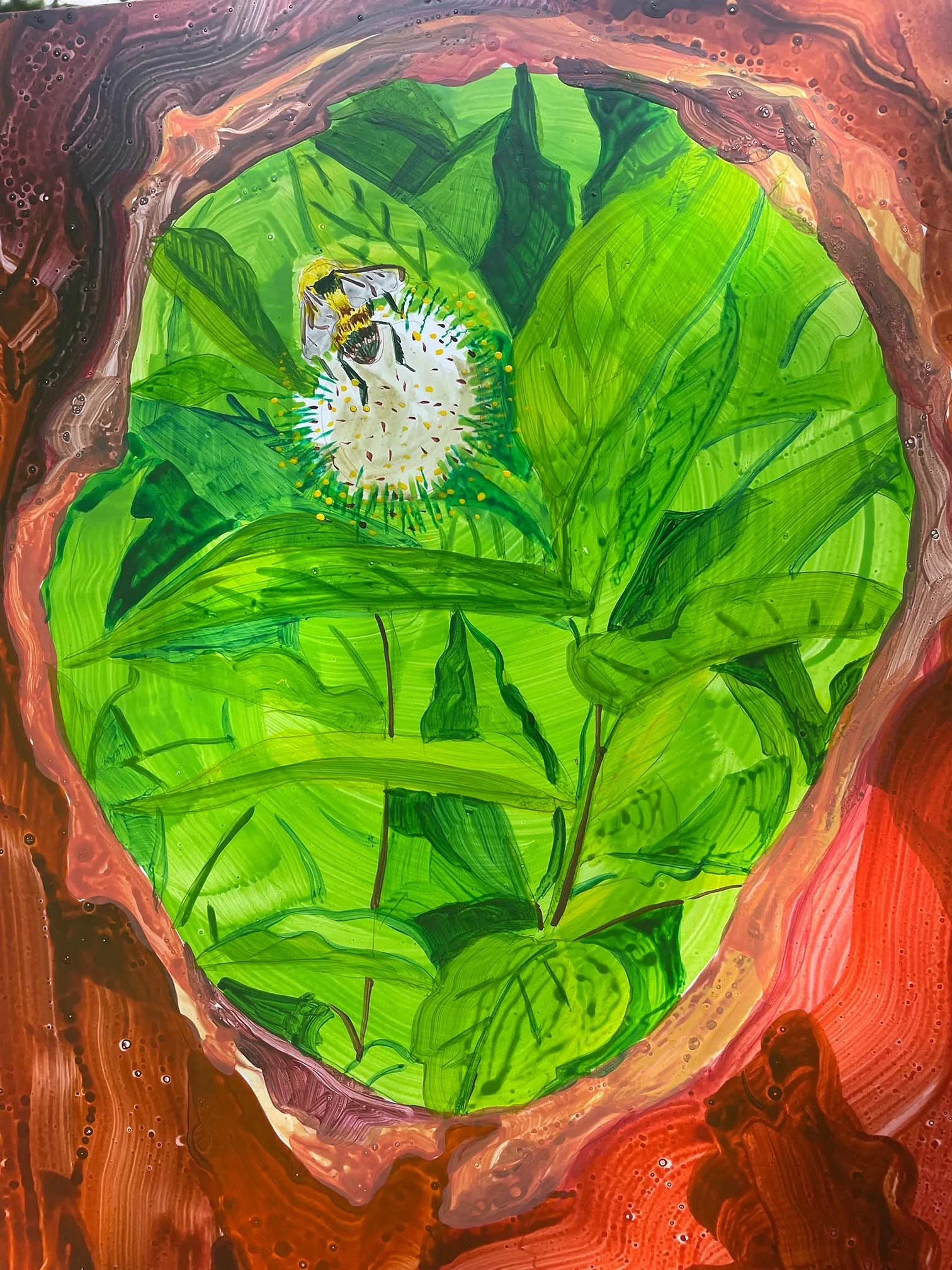 Pom Pom Pollinator Study  14" x 11" Acrylic on Panel 2023