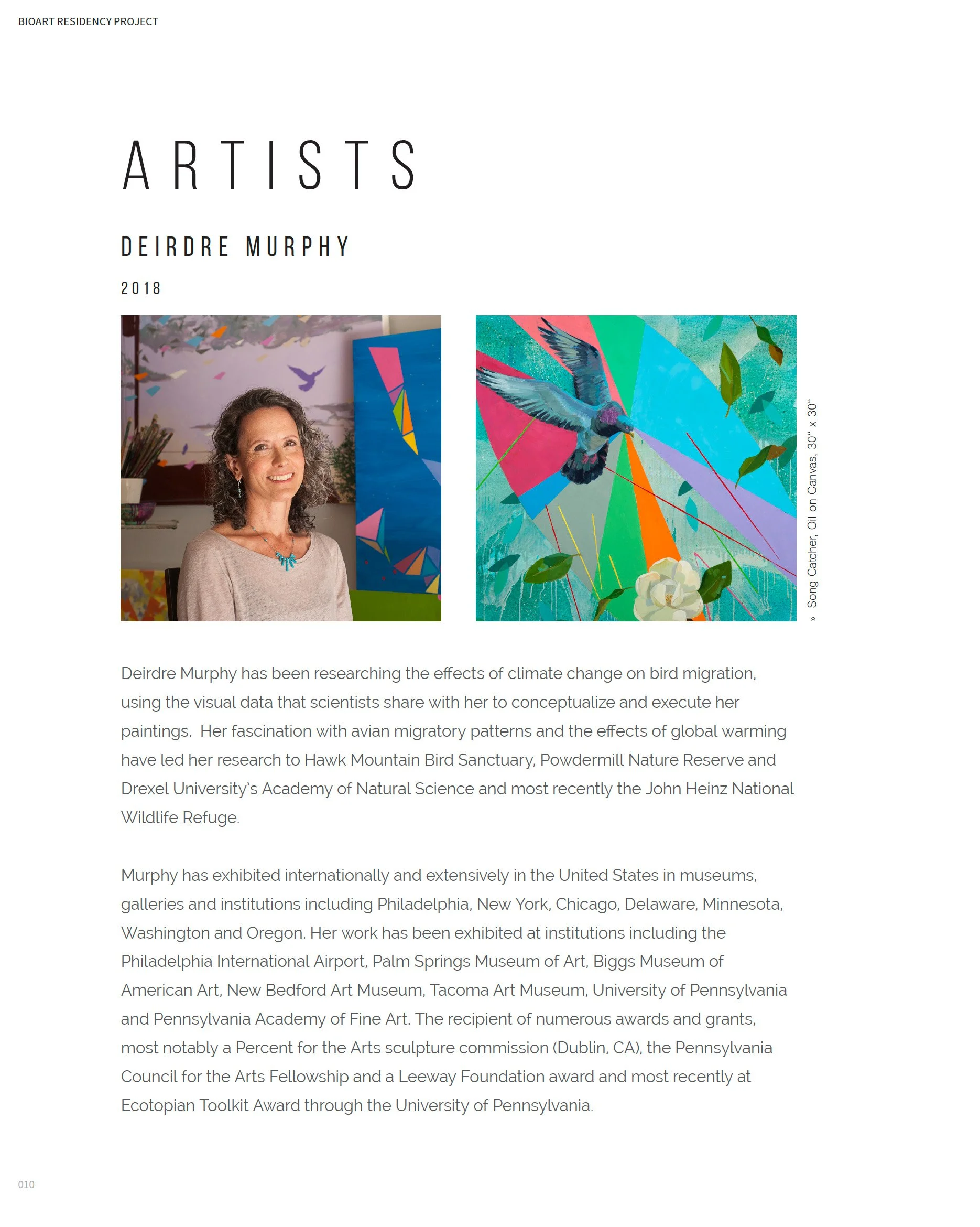 A page from an art catalog featuring Deirdre Murphy, with her portrait on the left and one of her colorful bird-themed paintings on the right.