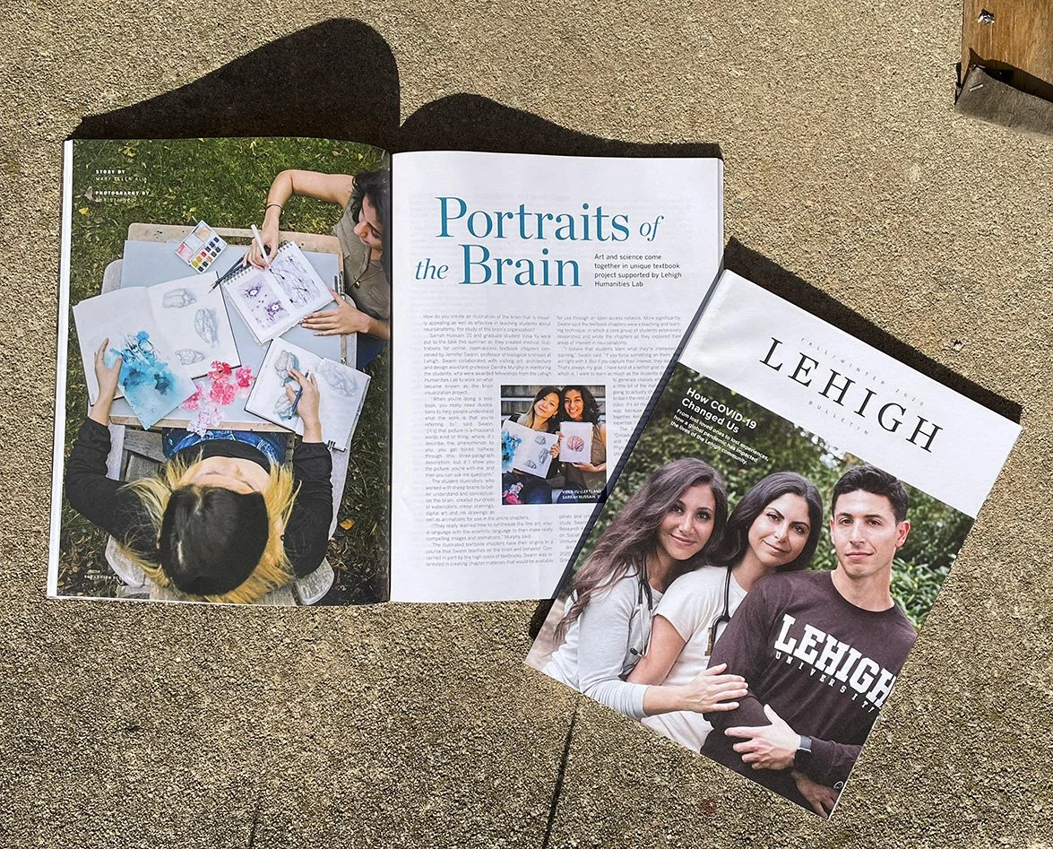 Open magazine pages on a concrete surface. One page features an article titled 'Portraits of the Brain' with images of students drawing and painting. The other page shows a brochure or magazine cover with the title 'LEHIGH' and a photo of three stude