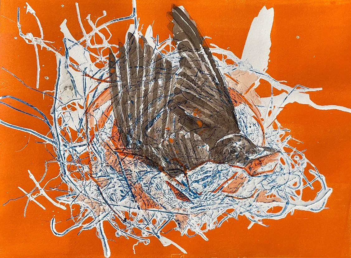Feathering the Nest Study  14" x 16" Monoprint and Watercolor
