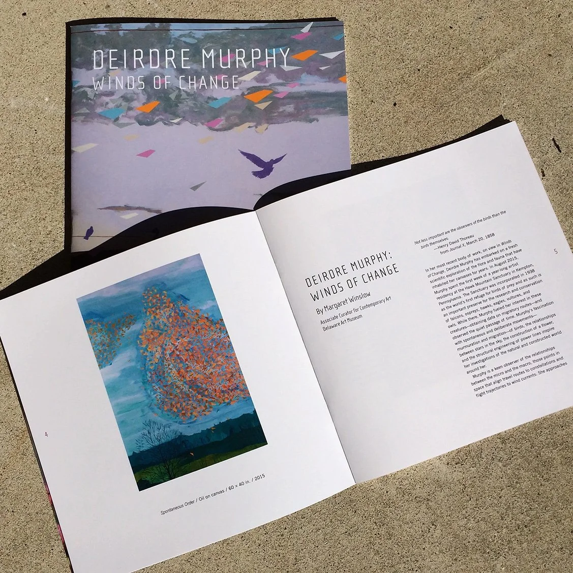 An open art book displaying a painting of a tree with orange leaves, mountains, and trees under a blue sky, titled "Spontaneous Order." Nearby is a closed book cover titled "Deirdre Murphy Winds of Change" with a colorful abstract bird and sky illust
