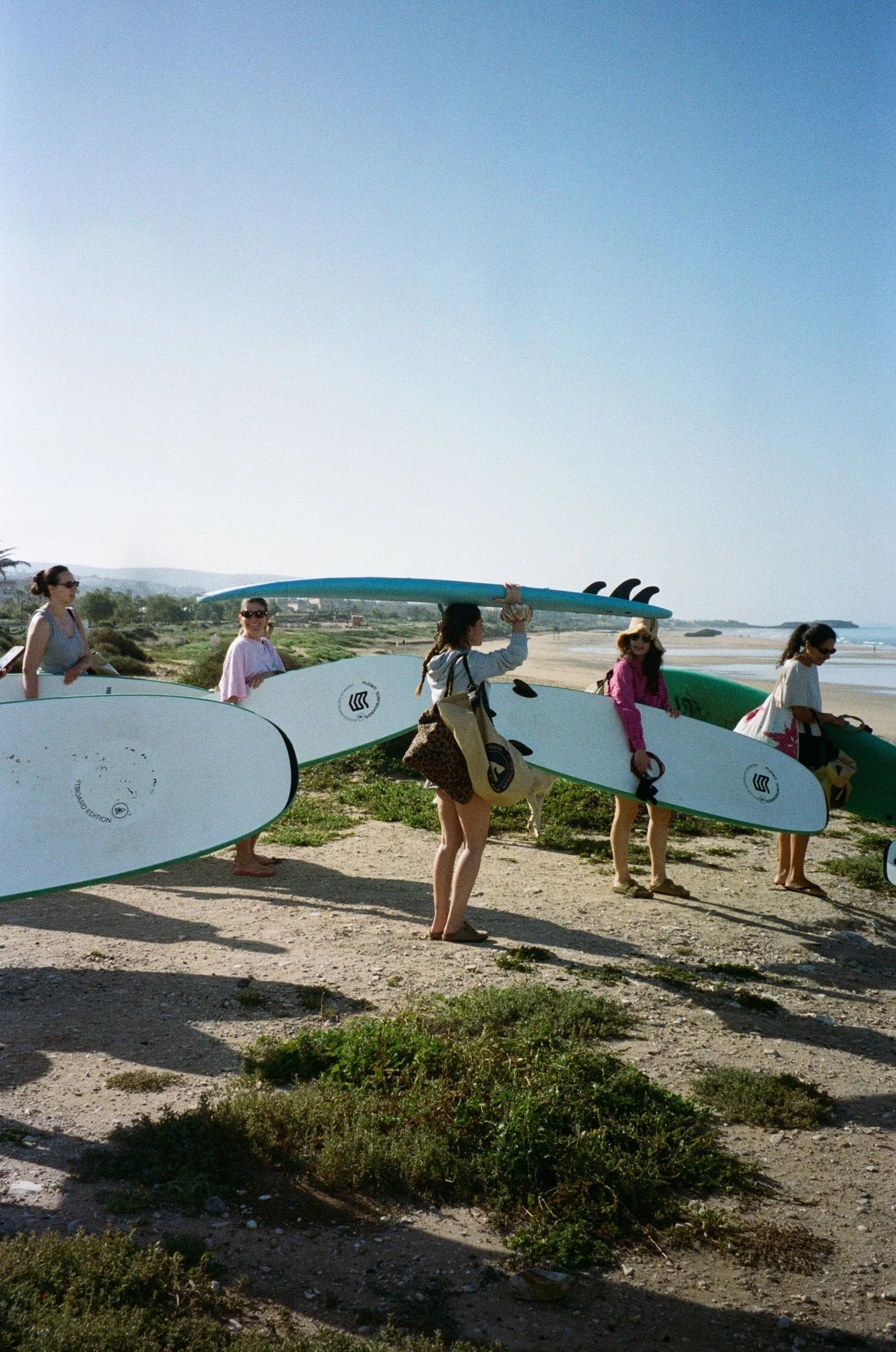 Un groupe de personnes portant des planches de surf se prépare à la plage, avec un paysage côtier en arrière-plan.