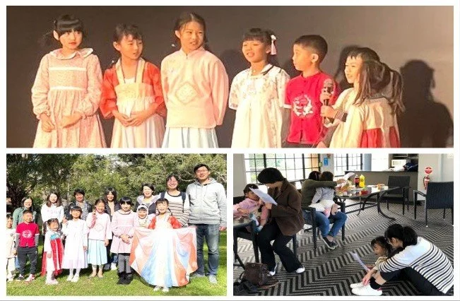 A collage of three photos: the top photo shows six young girls standing on stage, likely preparing for a performance or presentation. The middle photo features a group of children and two adults outdoors, with some children holding a colorful kite. T