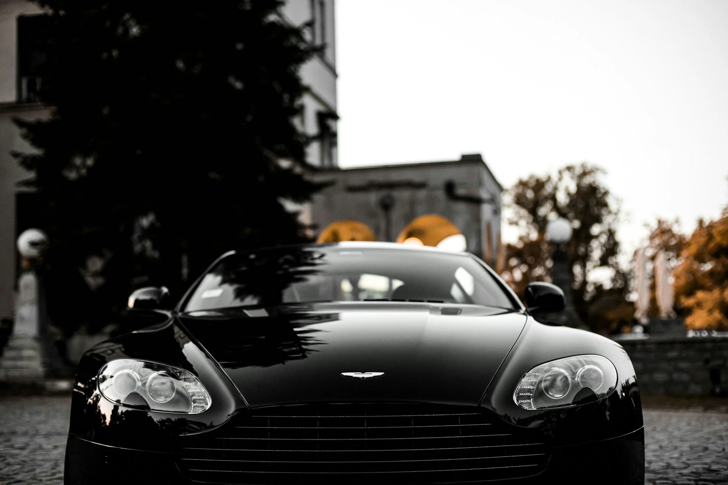 A shiny black Aston Martin sports car parked outdoors with trees and buildings in the background.