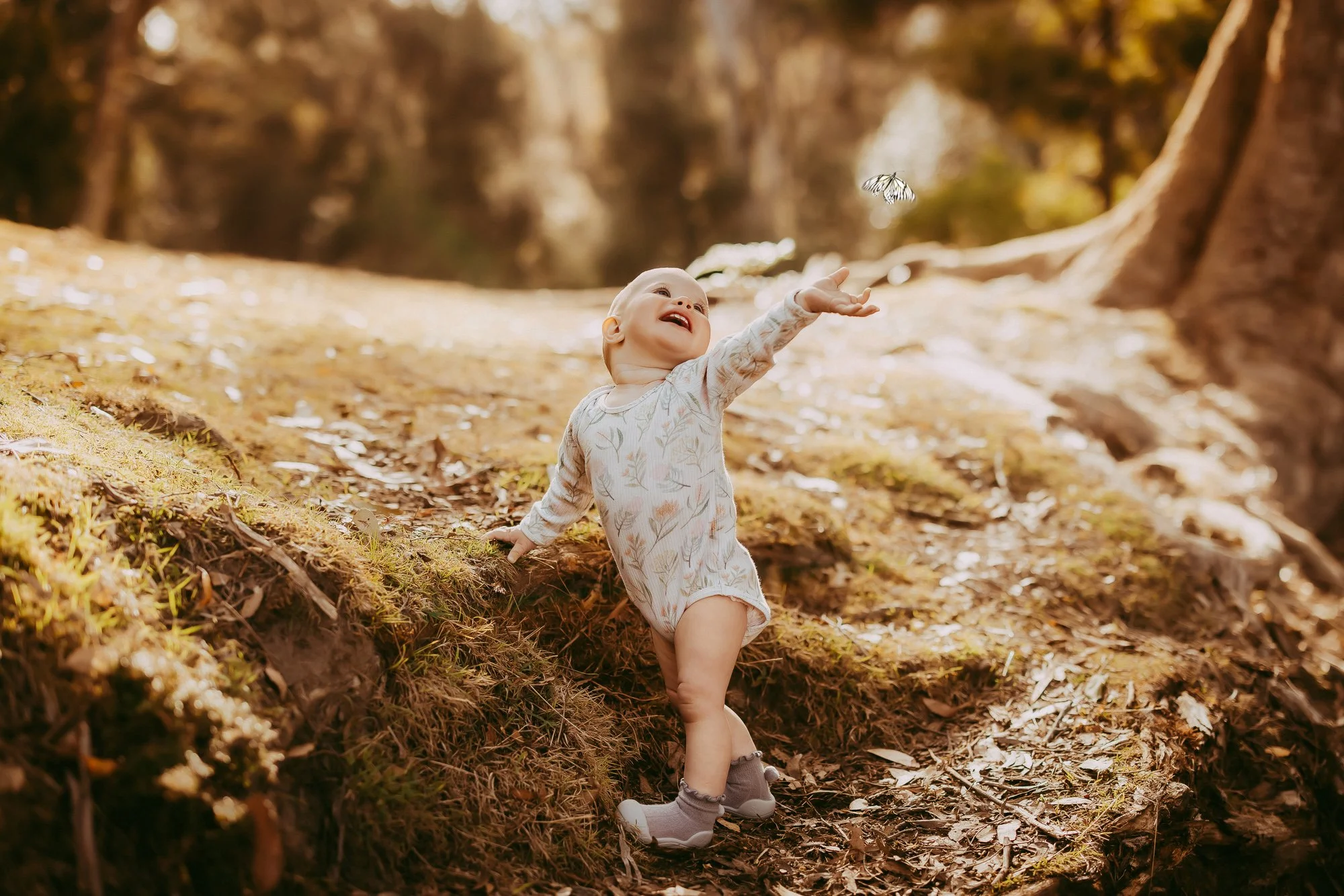 A young child with light-colored hair wearing a long-sleeve floral romper, gray socks, and sneakers outdoors in a forest, reaching out towards a butterfly with a joyful expression. Waterworks Reserve golden hour family photography session.