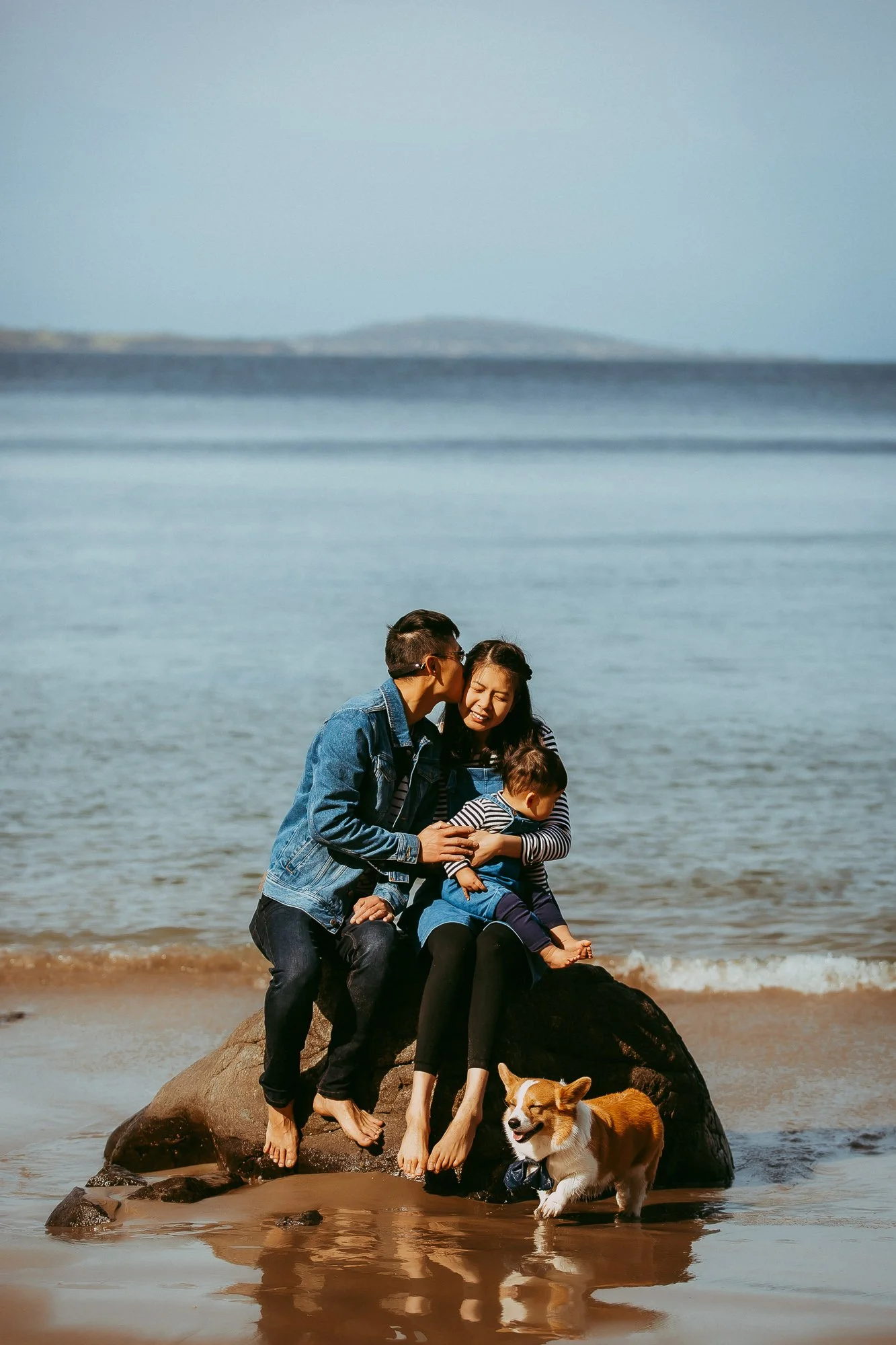 A family of three sitting on a large rock at the beach, with a dog in front. The father is kissing the mother on the cheek, while the mother holds a young child. The dog is running joyfully in the shallow water.