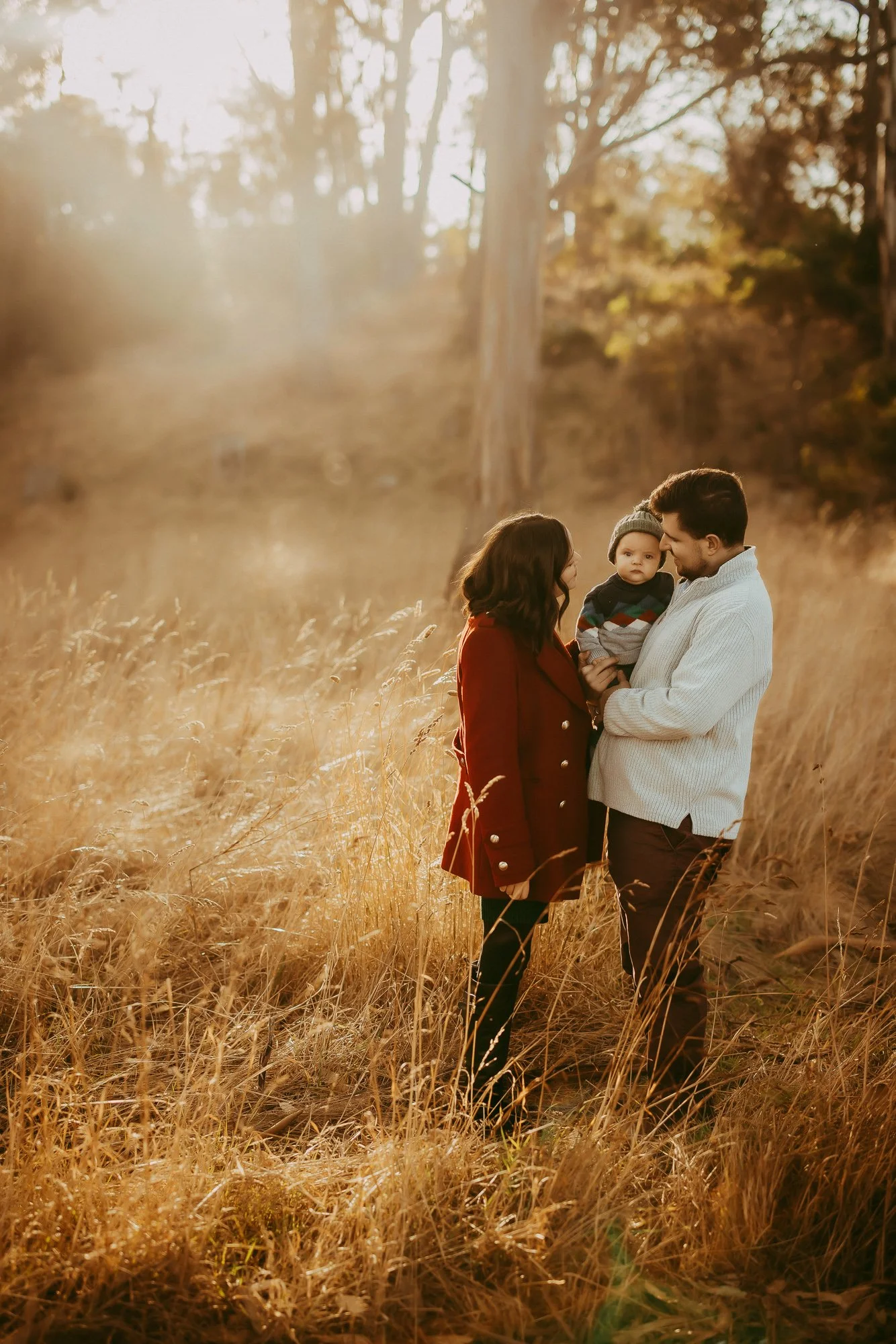 A family of three standing in a field of tall golden grass during sunset, with trees in the background. The mother, father, and young son are facing each other, sharing a tender moment. Golden hour unposed Hobart family photography.