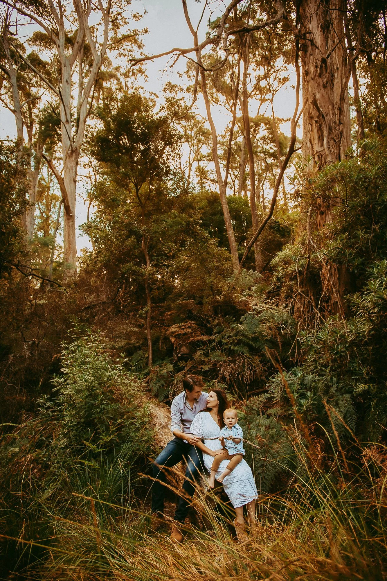 A family of three, including a man, woman, and young girl, sitting on a log or fallen branch within a dense forest with tall trees and lush green foliage, during daytime. Unposed Hobart family photography by Ulla.