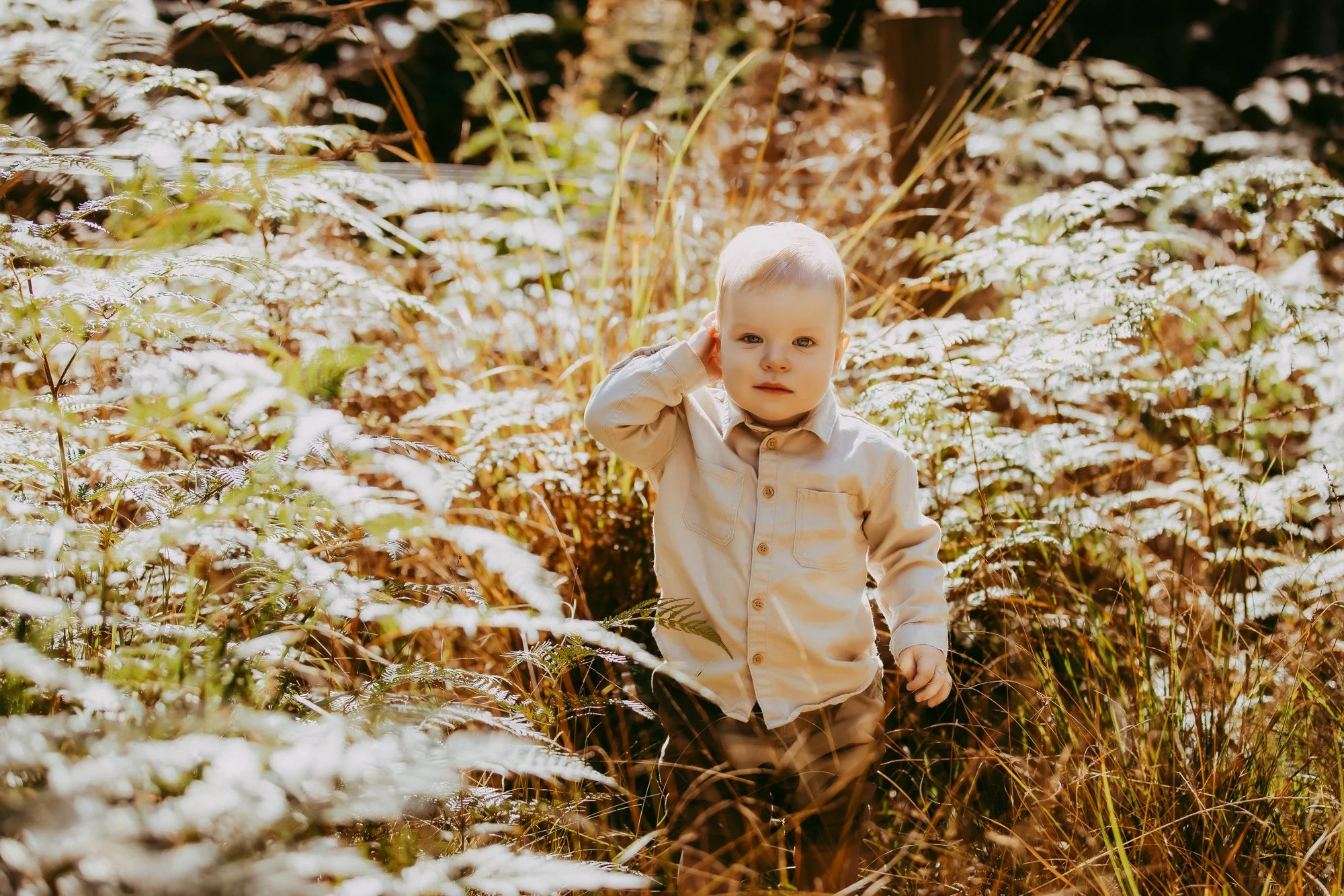 Young boy in beige shirt and dark pants standing in a lush, sunlit field of plants and tall grasses, touching his ear with one hand. Seven Mile Beach Tasmania family photosession