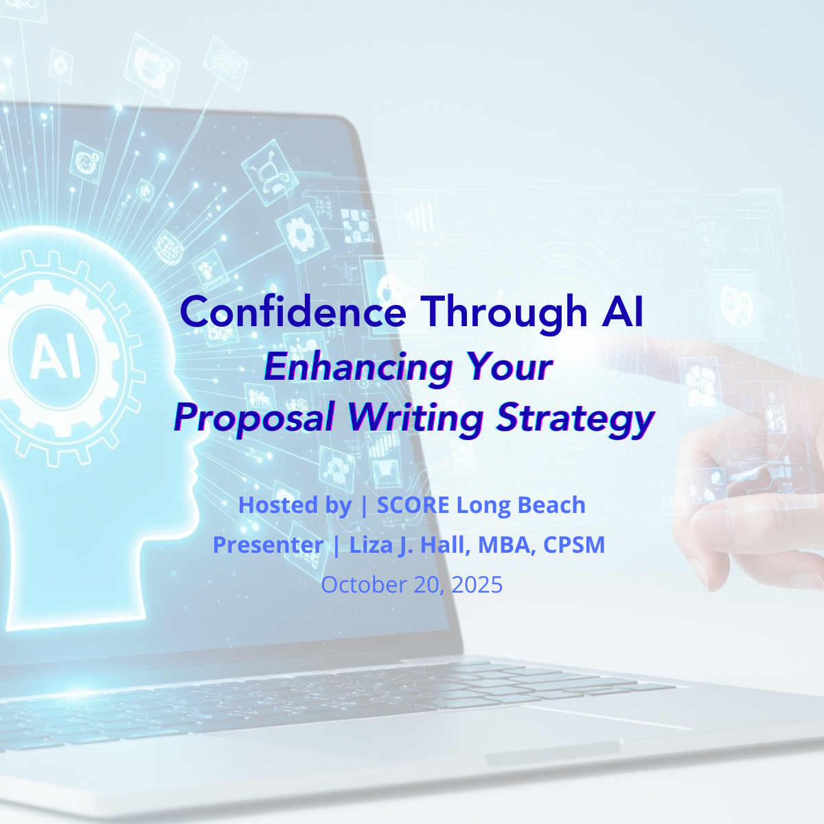 Presentation slide titled Confidence Through AI presented by Liza J. Hall, MBA, CPSM for SCORE Long Beach.