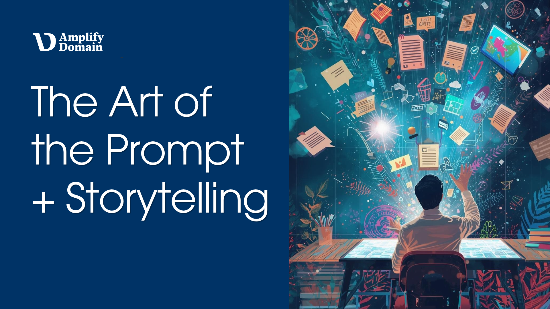 Amplify Domain presentation slide titled The Art of the Prompt + Storytelling illustrating ethical AI integration for college essay coaching.