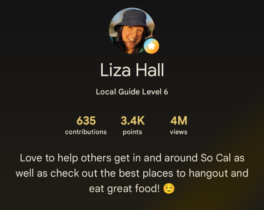 Profile of Liza Hall, Local Guide Level 6, showing her contributions, points, and views, with a short bio about helping others and exploring good places in Southern California.