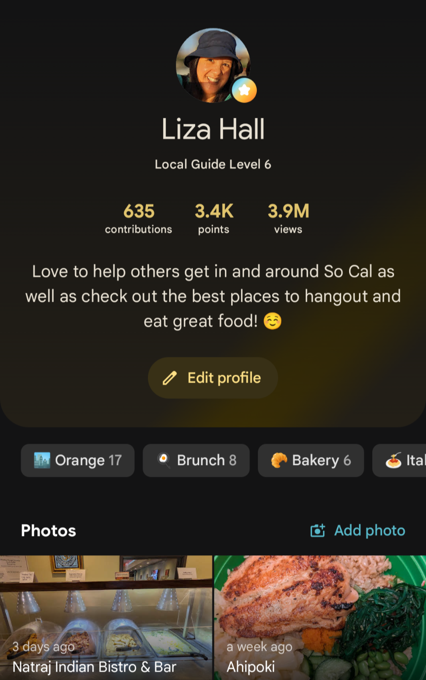 Google Maps profile for Liza Hall showing Level 6 Google Local Guide status with over 3.9 million organic views.