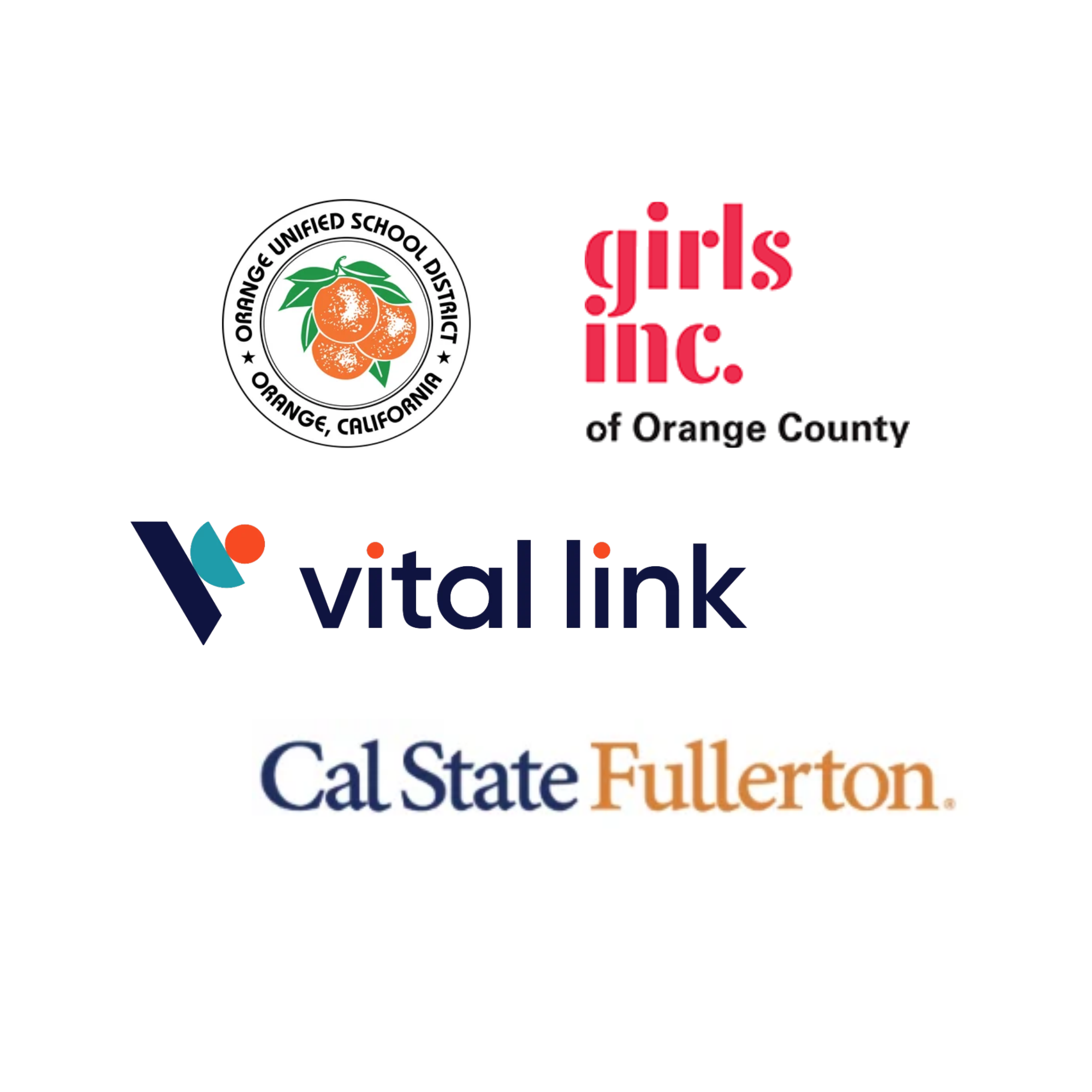 Logos of community partner organizations including Orange Unified School District, Girls Inc. of Orange County, Vital Link, and Cal State Fullerton.