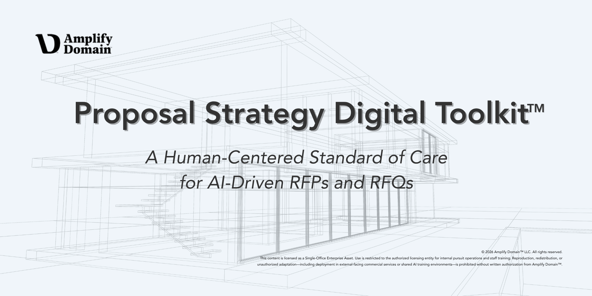 Cover page of the Proposal Strategy Digital Toolkit by Amplify Domain featuring AI writing prompt frameworks.