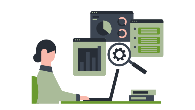 Woman at a computer with various process pages around her - infographic style image