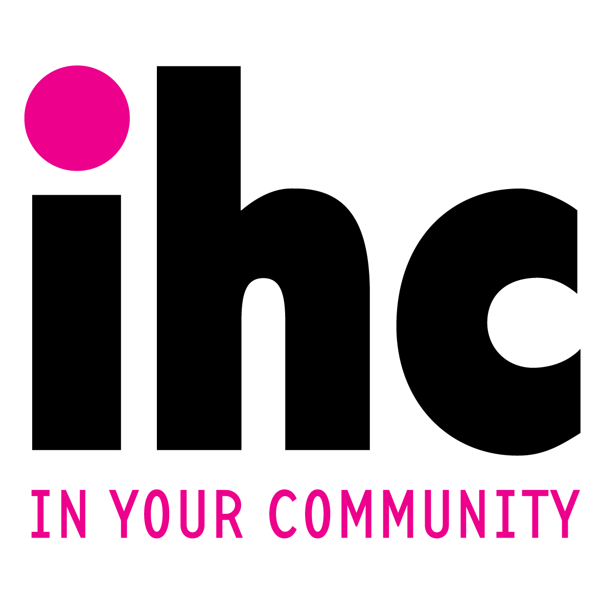 black ihc letters followed by "IN YOUR COMMUNITY" in pink uppercase letters.