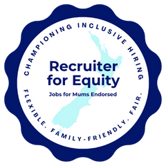 A circular badge with the words 'Recruter for Equity' in the center. Surrounding the center are phrases 'Championing Inclusive Hiring,' 'Jobs for Mums Endorsed,' 'Flexible,' 'Family-Friendly,' on a blue background.