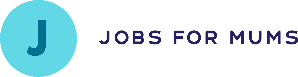 Logo with a blue circle containing a dark blue letter 'J' and text that reads 'Jobs for Mums' in dark blue.