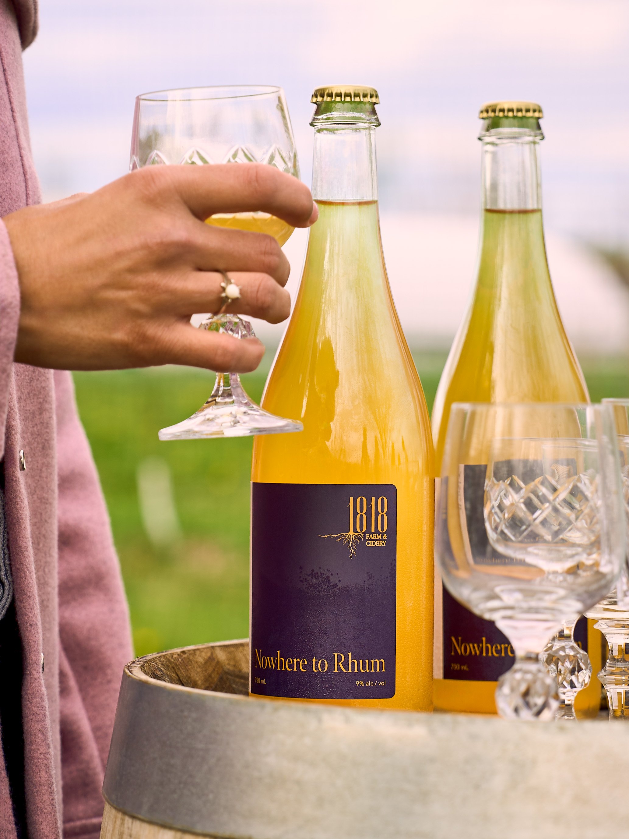 A person holding a glass of cider fro 1818 Farm and Cidery with a background of a cloudy sky and outdoor setting. Photo by Ottawa Photographer Sarah Farmer of Gumption Studio.