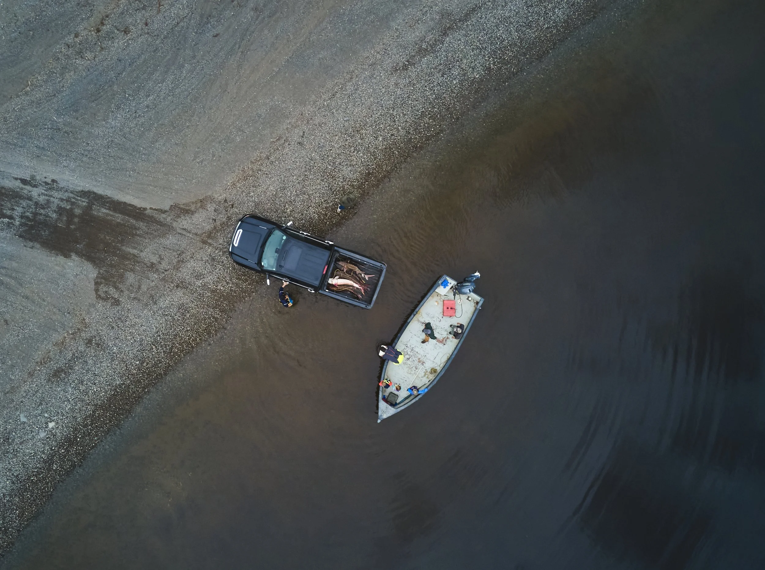 An aerial view at Acadian Sturgeon and Caviar with a small boat and a pickup truck parked. Photographed for the Perch Cookbook by Gumption Studio, Ottawa Cookbook photographer.