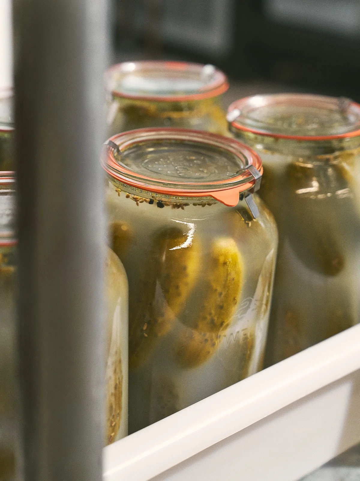 Glass jars with metal lids containing fermented pickles by Top Shelf Preserves stored in a refrigerator. Product photography by Gumption Studio.
