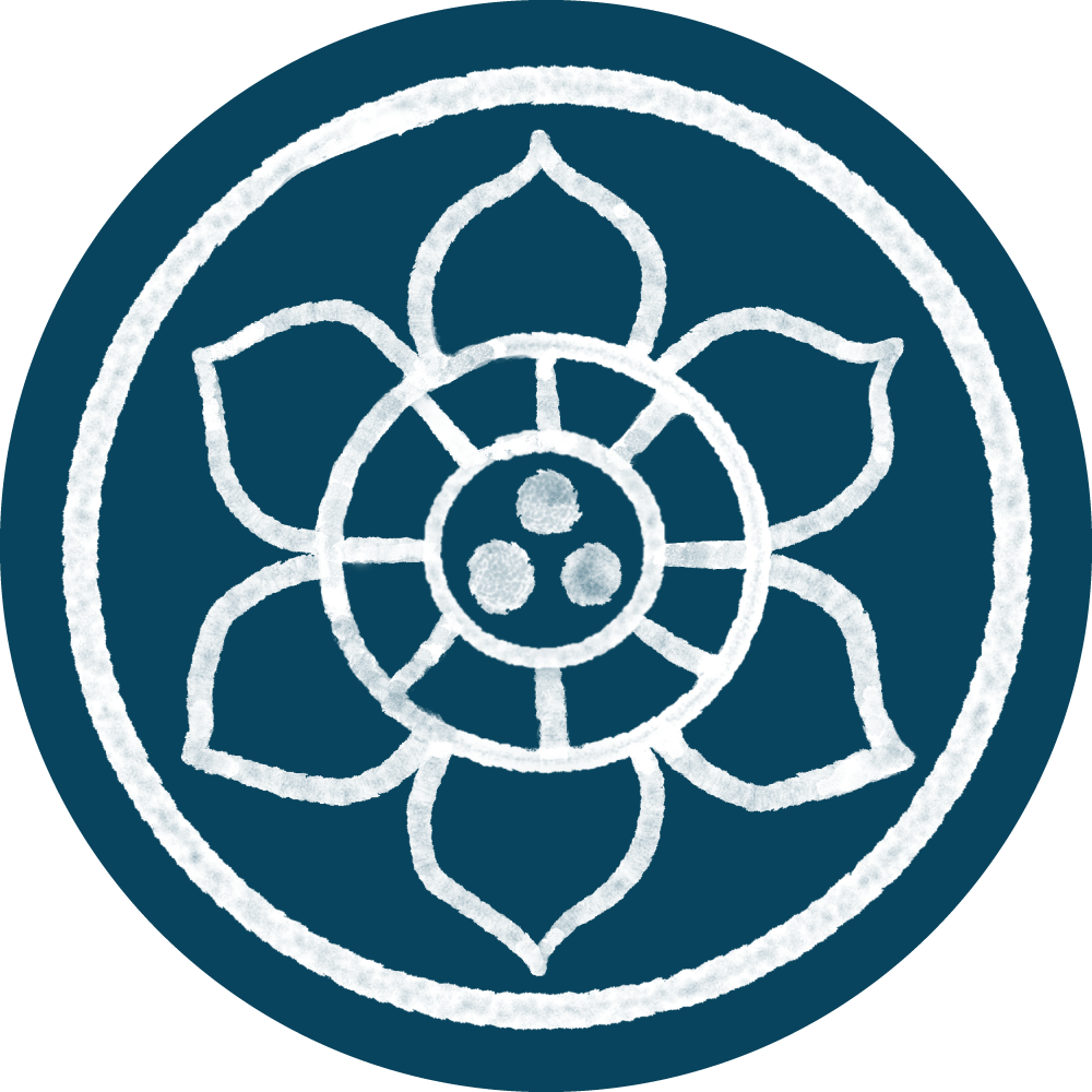 Circular white logo in a blue circle