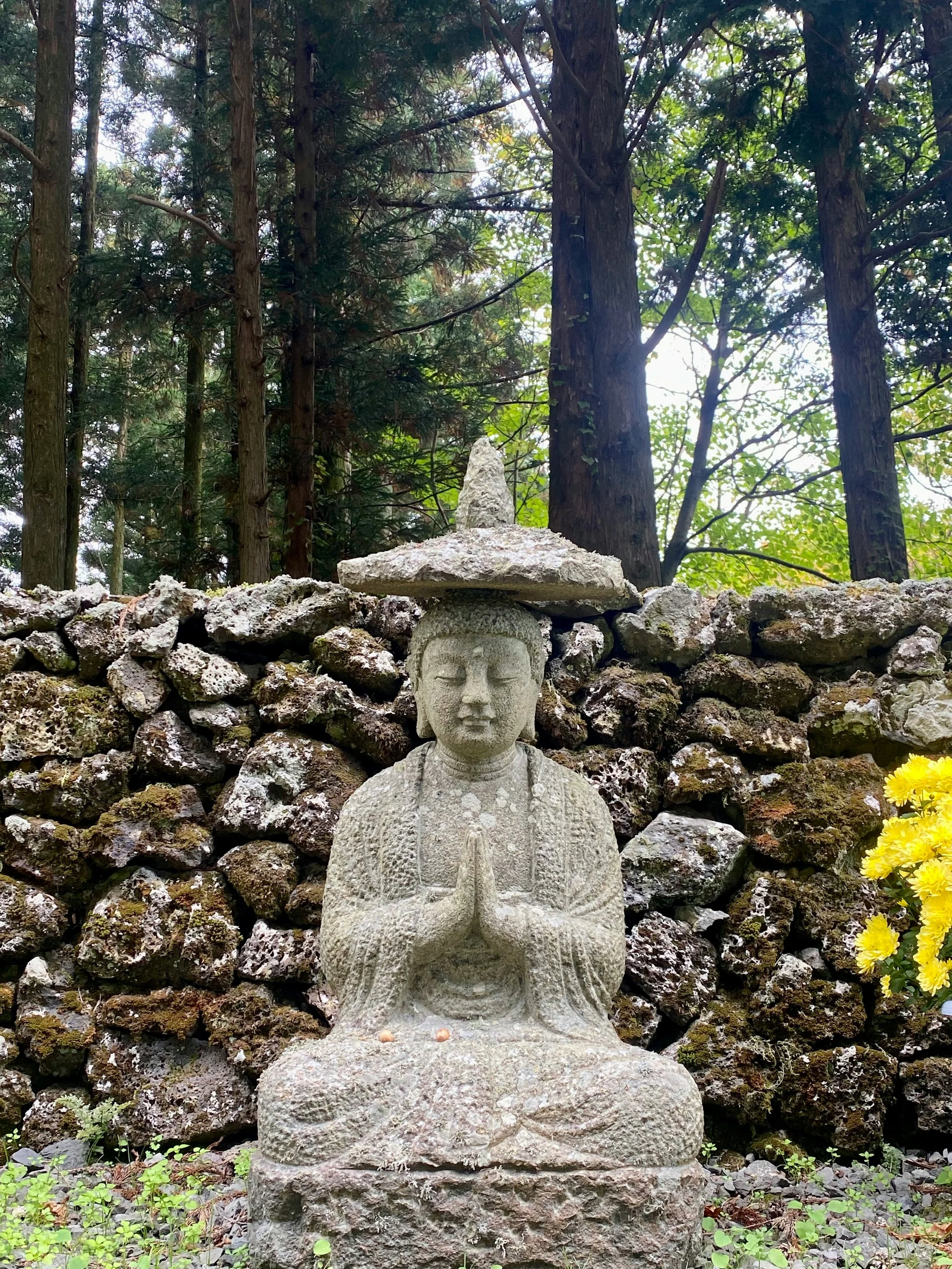A buddha statue in front of a stone wall