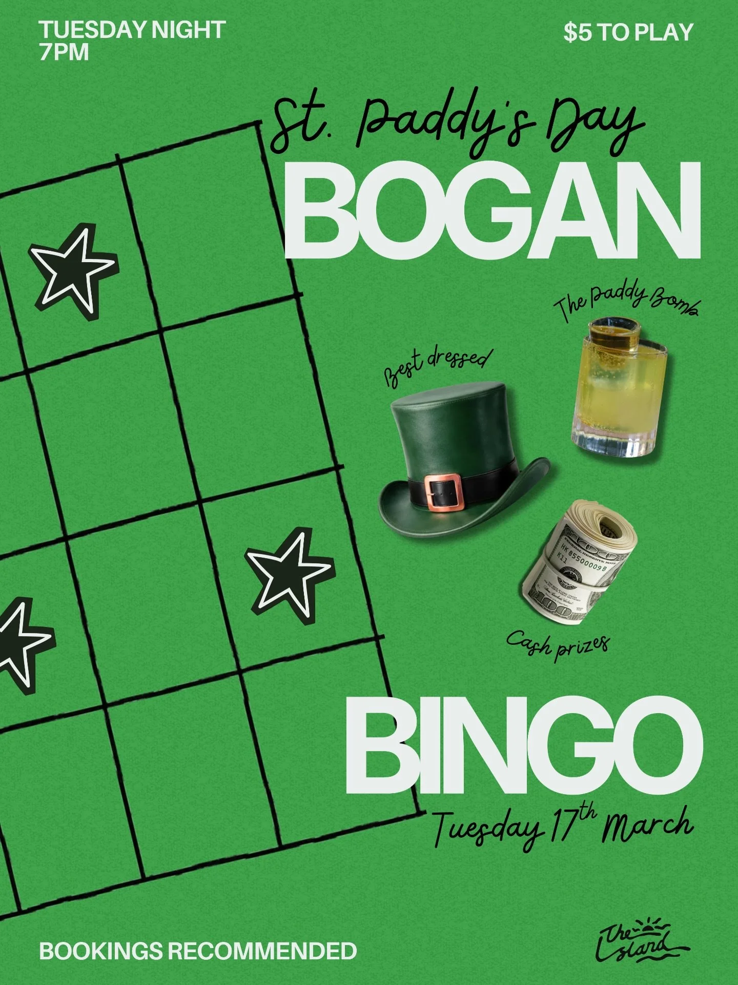 🍀 Bogan Bingo&hellip; but make it green.

Get your best leprechaun fit on and join us this Tuesday March 17th for St Paddy&rsquo;s Day Bogan Bingo.

We have a special cocktail for the occasion: the Paddy Bomb 💣 A shot of Jameson dropped into Mounta