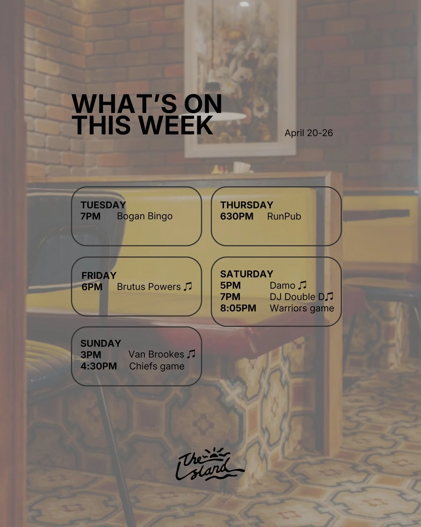 Stacked lineup of things to do here this week. Open everyday, 12-late. See you soon 🤙