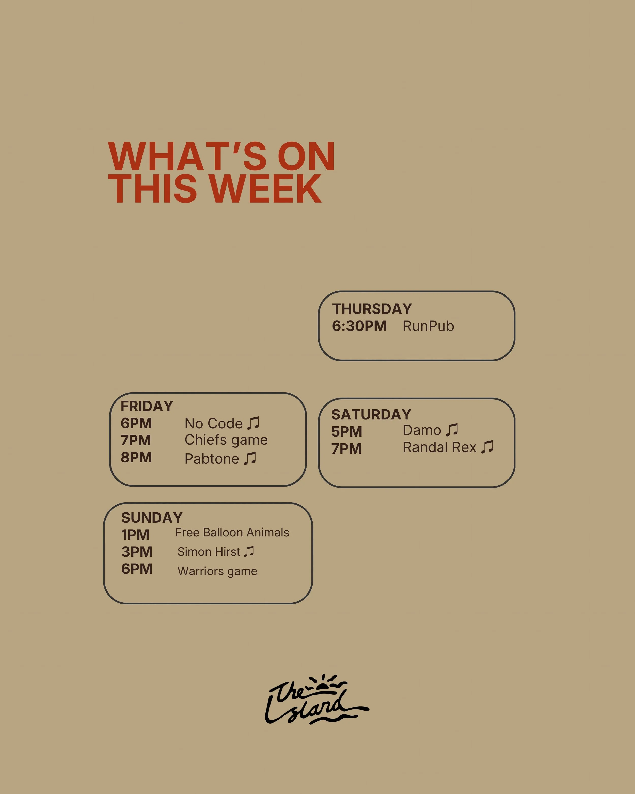 This week at The Island:

Thursday starts with @runpub_ . A jog, a yarn, a beer at the finish.

Friday rolls straight into a big one with @itsjustrubys reopening from 4 til late next door. Fresh look, loud tunes, drinks flowing. 

Then @no_code_nz ki