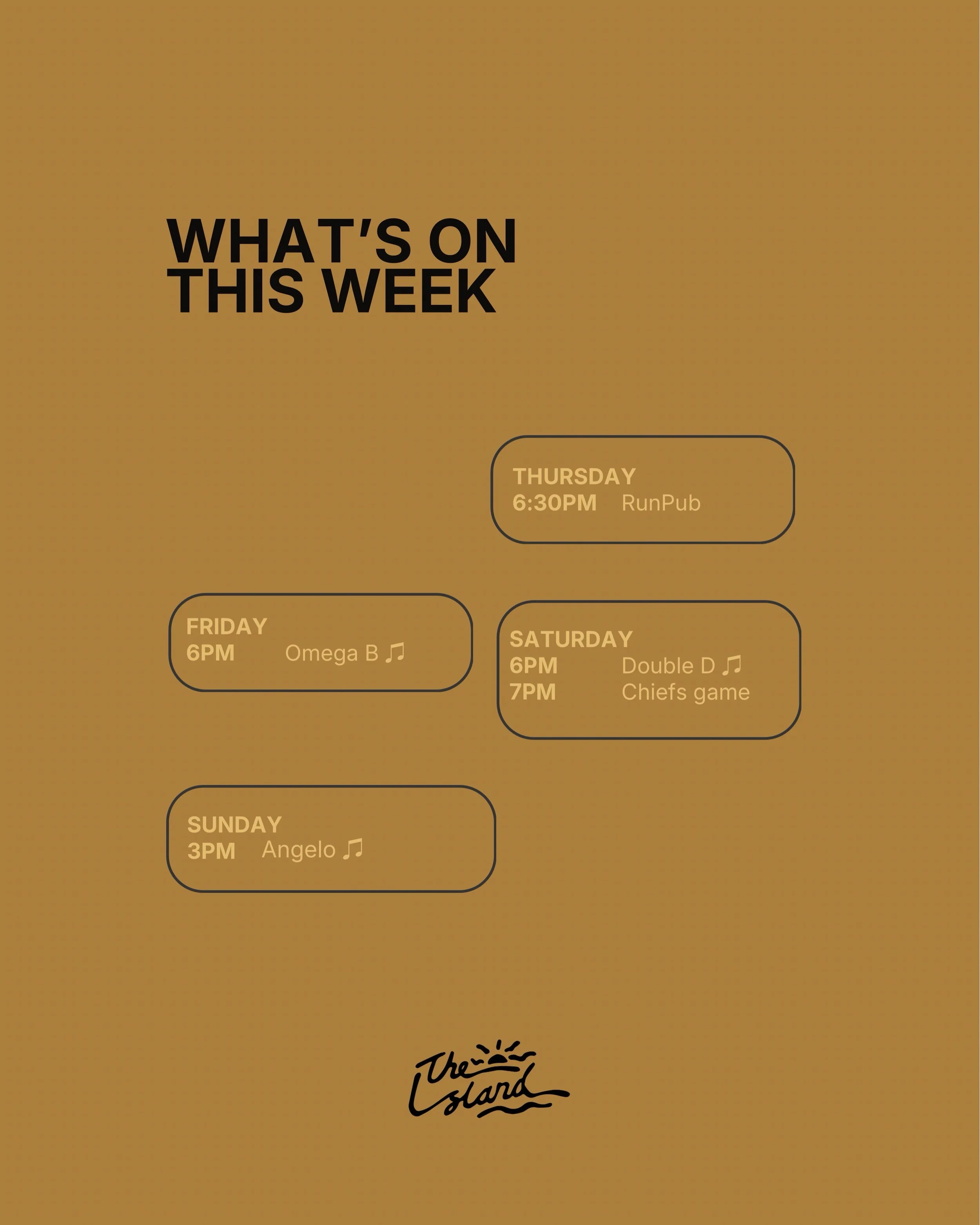 This week at The Island 🍻

Run Club&rsquo;s back Thursday, live tunes through the weekend, and the Chiefs game&rsquo;s on Saturday night. Grab your crew, settle in and make a day of it.

Thursday
🏃 6:30pm Run Club

Friday
🎶 6pm Omega B

Saturday
?