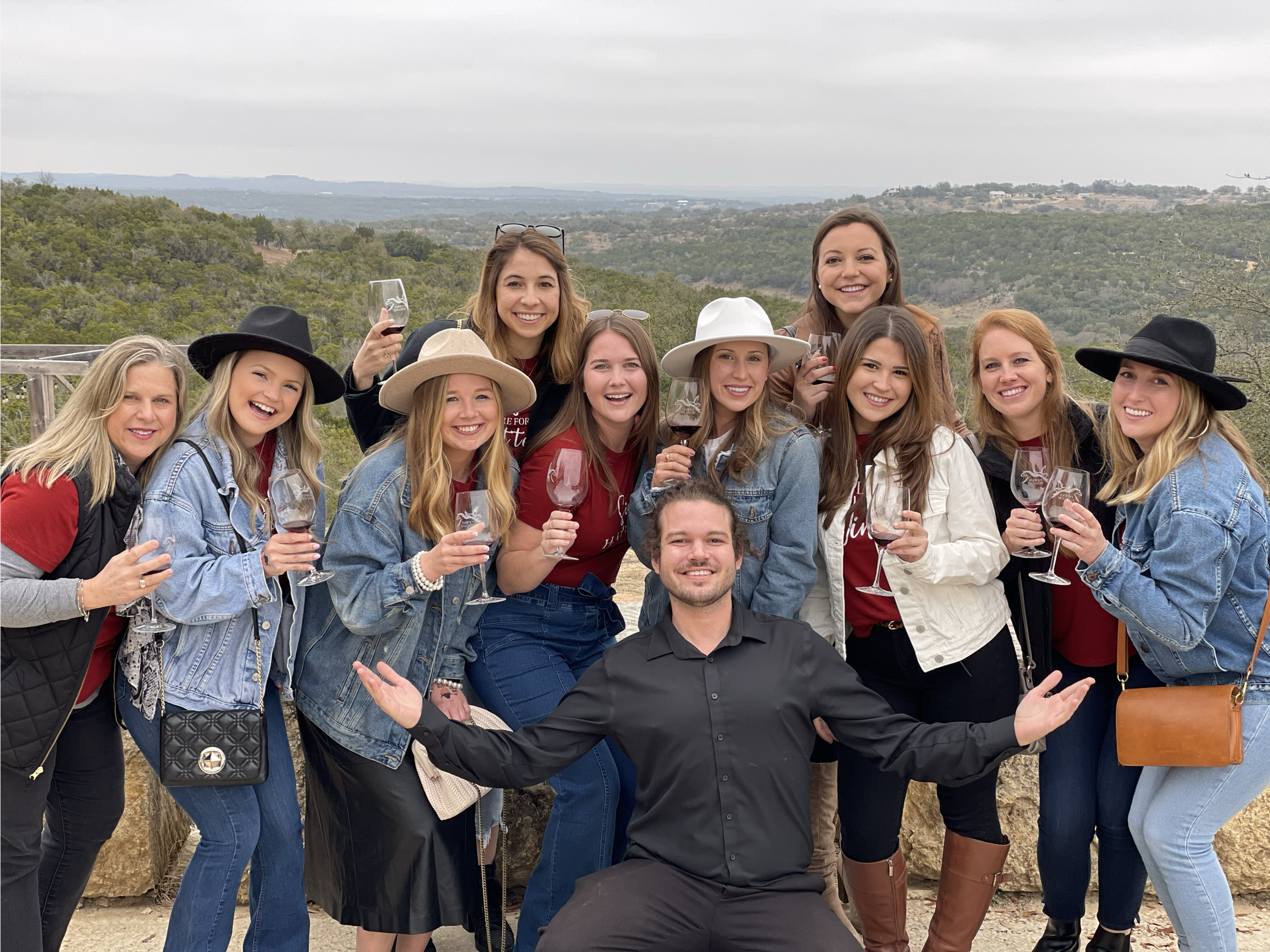 Guided group wine tasting in Texas hill country.