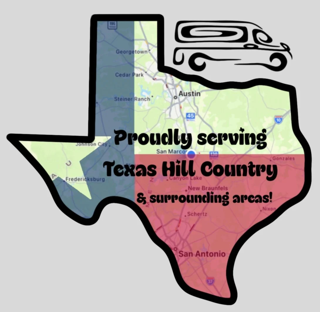 Texas shaped map of central Texas in Texas flag colors.