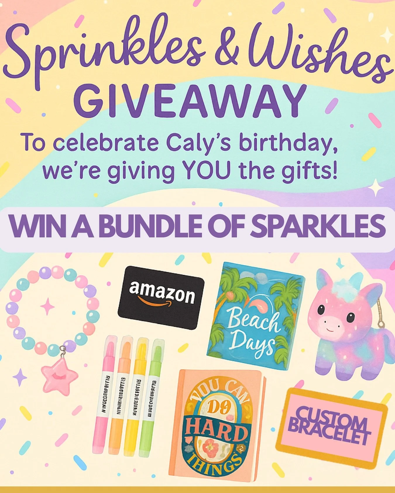 🎉 SPRINKLES &amp; WISHES GIVEAWAY 🎉
We&rsquo;re celebrating Caly&rsquo;s birthday&hellip; but YOU get the gifts! 🧁✨

One lucky winner will receive a Bundle of Sparkles valued at $50+, including:

💖 A custom bracelet handmade by Caly
🔑 A keychain